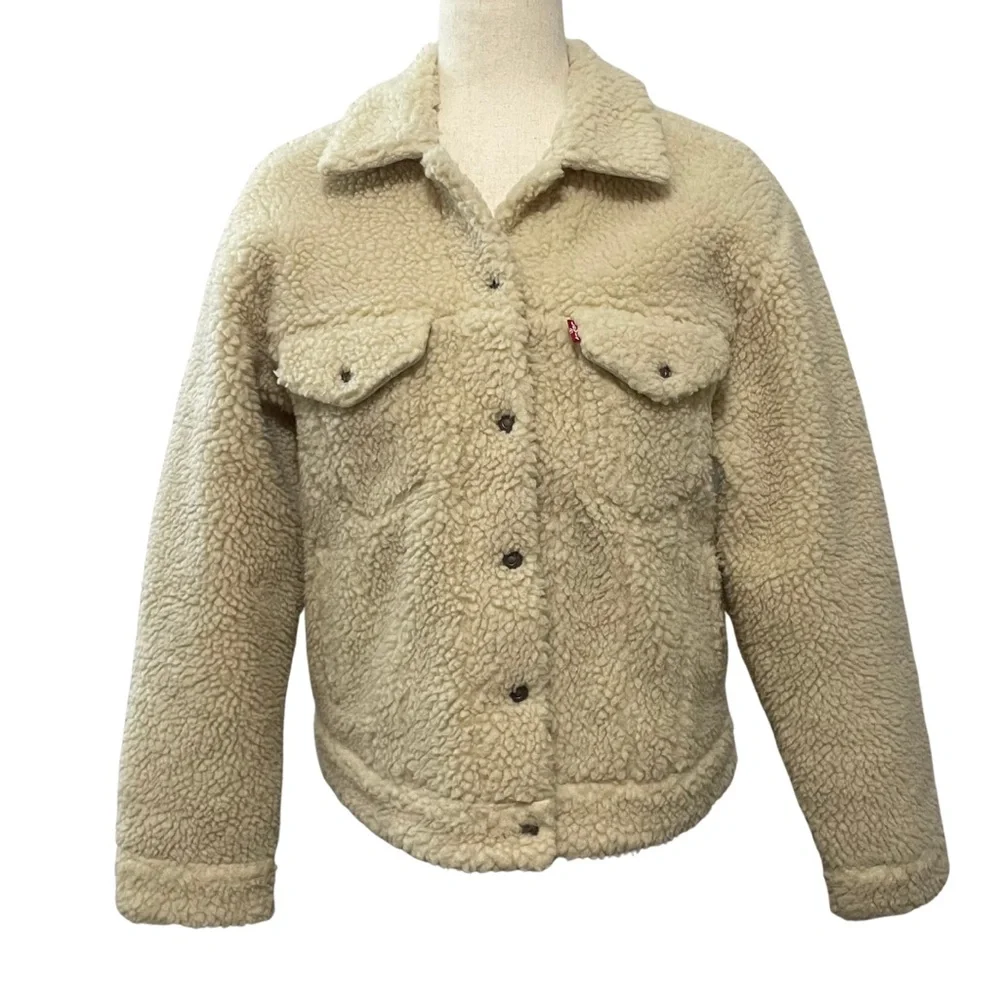 Levi’s Women’s Sherpa Fleece Trucker Jacket Cropped M Cream Coconut Snap Front - Picture 3 of 15
